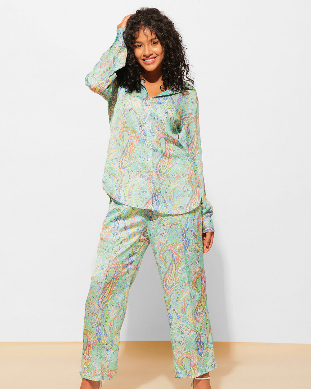 Crepe Printed Satin Shirt with High Waist 2 Piece Coord Set