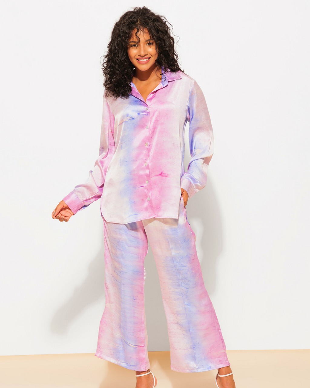 Crepe Printed Satin Shirt with High Waist 2 Piece Coord Set
