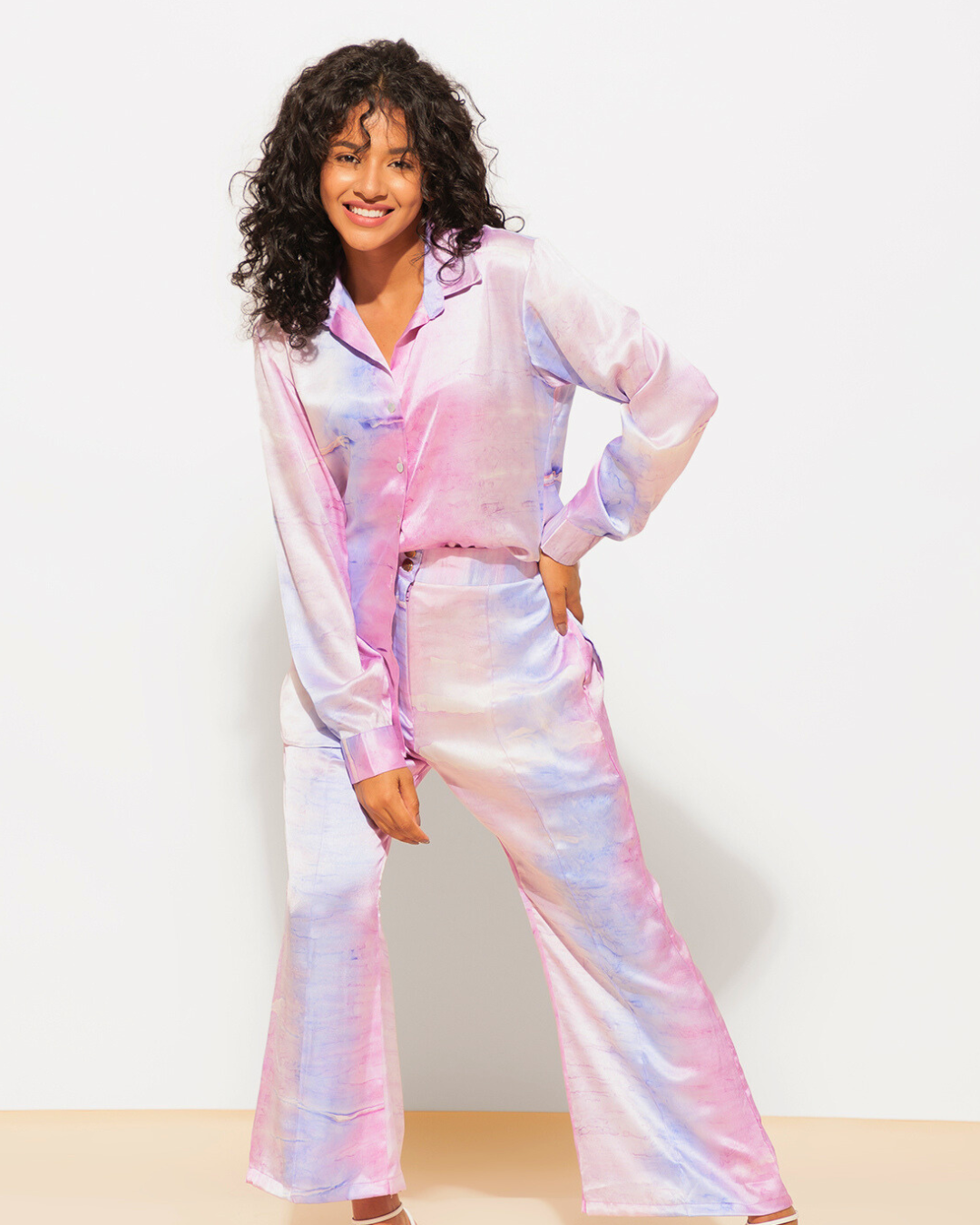 Crepe Printed Satin Shirt with High Waist 2 Piece Coord Set
