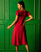American Crepe A-Neckline Flare Midi Dress