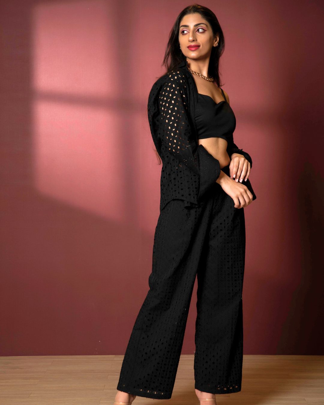 Schiffli Cotton Two Piece Shirt and Pant Coord Set