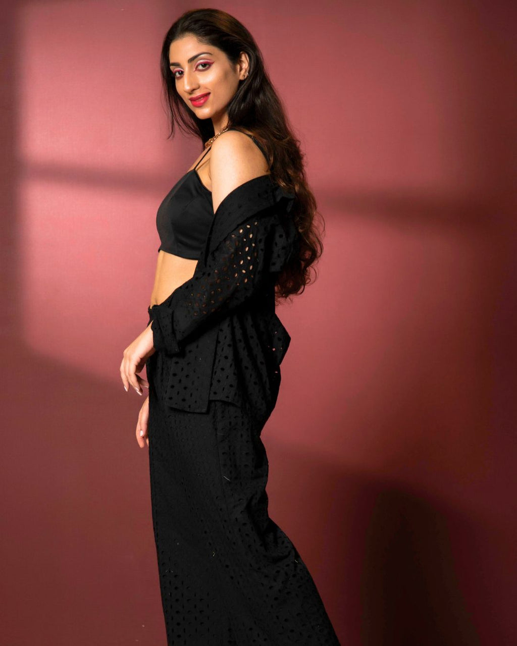 Schiffli Cotton Two Piece Shirt and Pant Coord Set