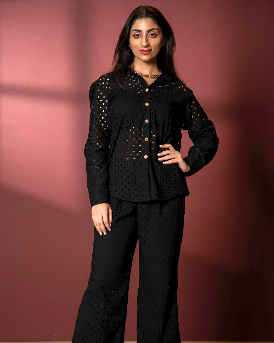 Schiffli Cotton Three Piece Co-ord Set With Shirt
