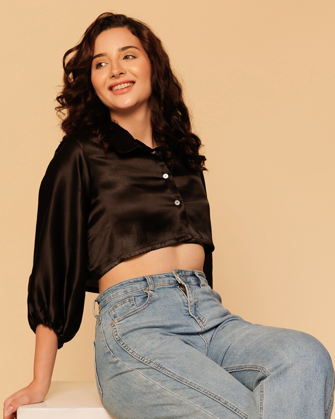 High-Shine Satin Cropped Shirt for Women