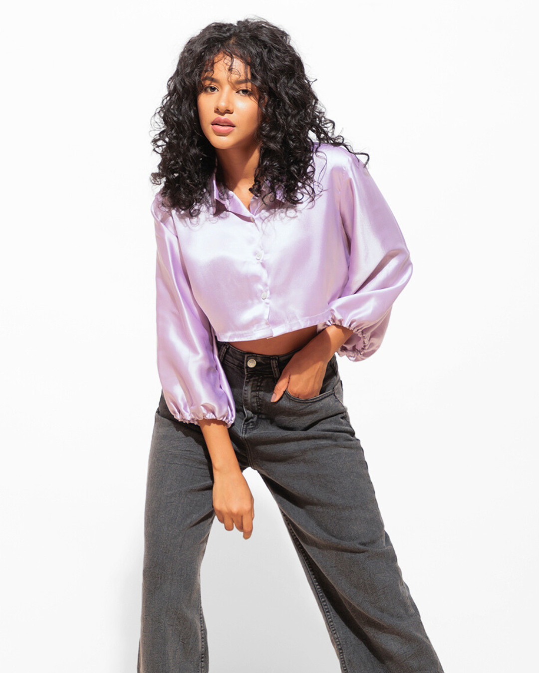 High-Shine Satin Cropped Shirt for Women