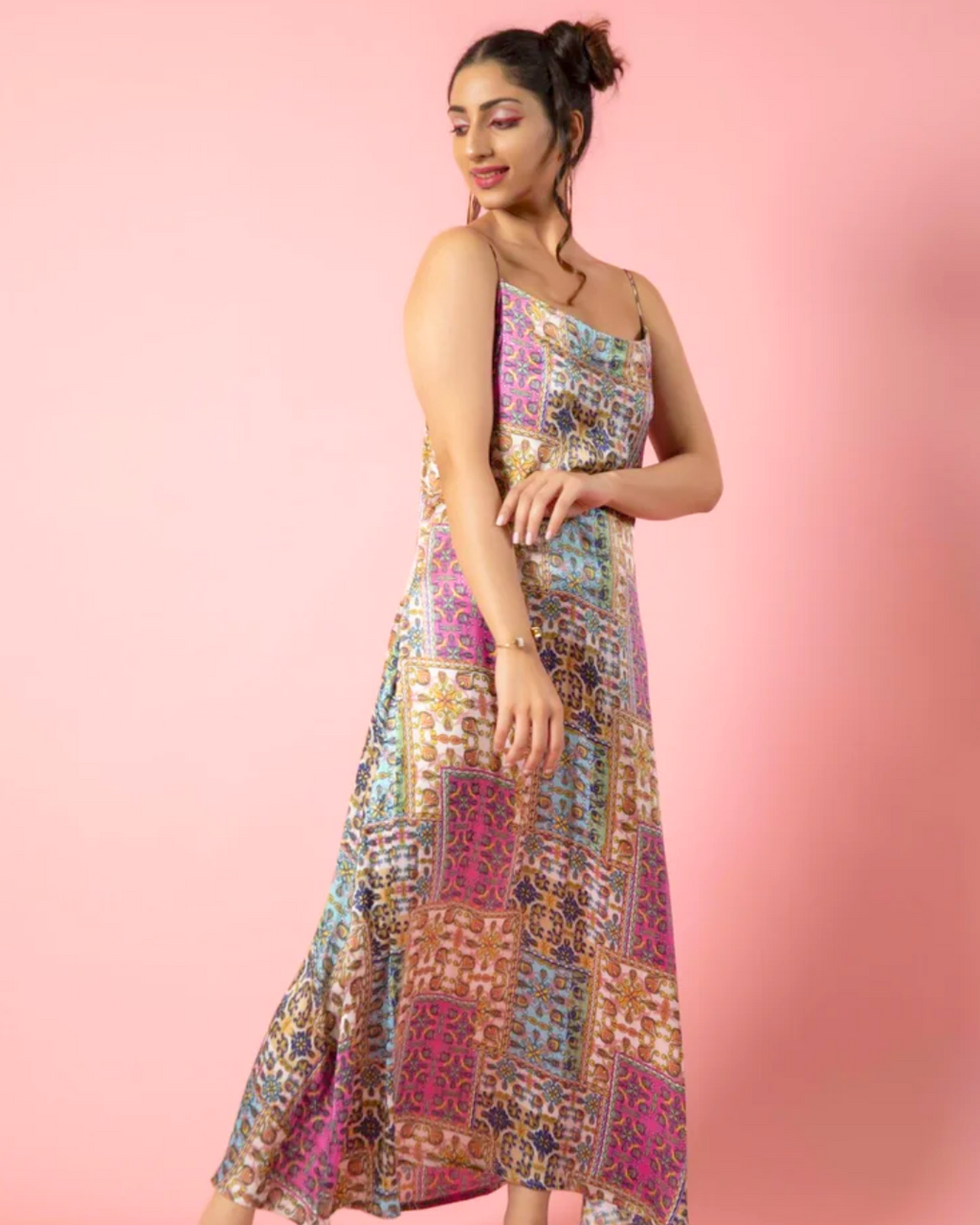 Printed Tie-Back Satin Maxi Dress