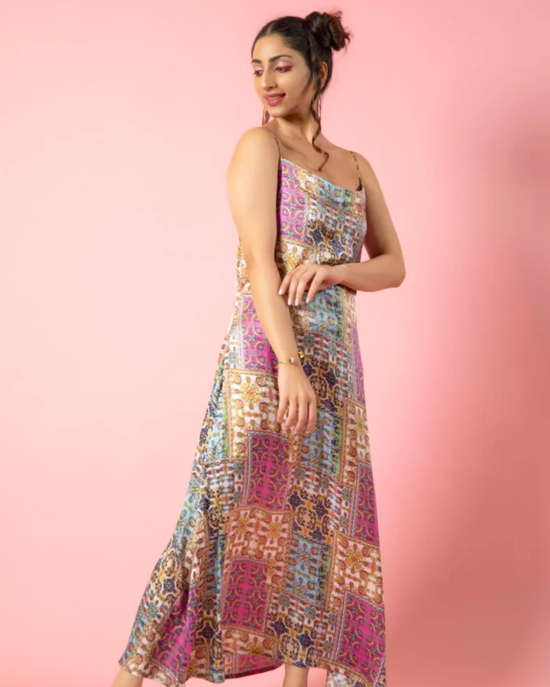 Printed Tie-Back Satin Maxi Dress
