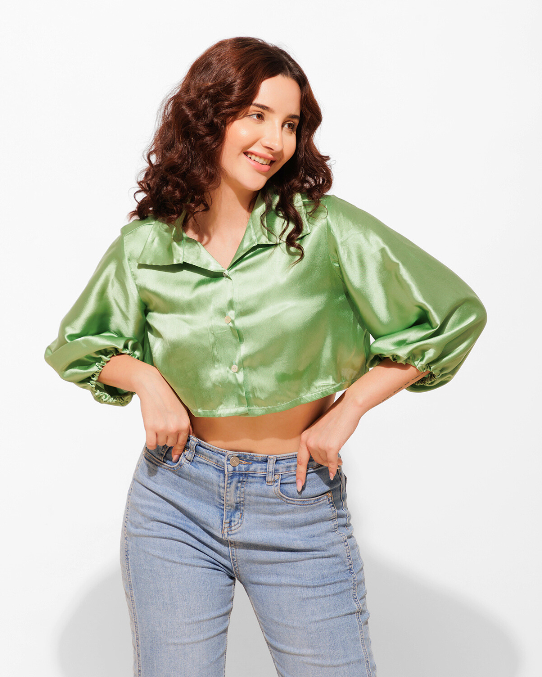 High-Shine Satin Cropped Shirt for Women