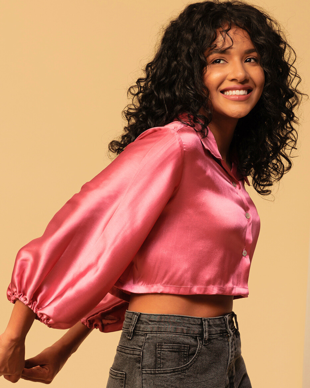 High-Shine Satin Cropped Shirt for Women