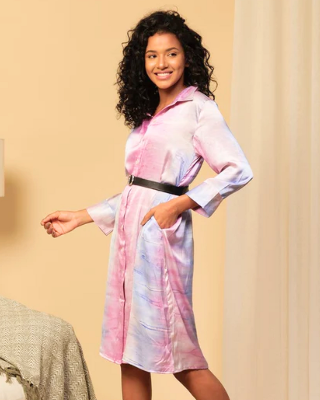 Satin Crepe Collar Buttoned Down Shirt Dress with Belt
