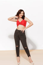 Women’s Red Twist Cotton Crop Top – Modern Fit