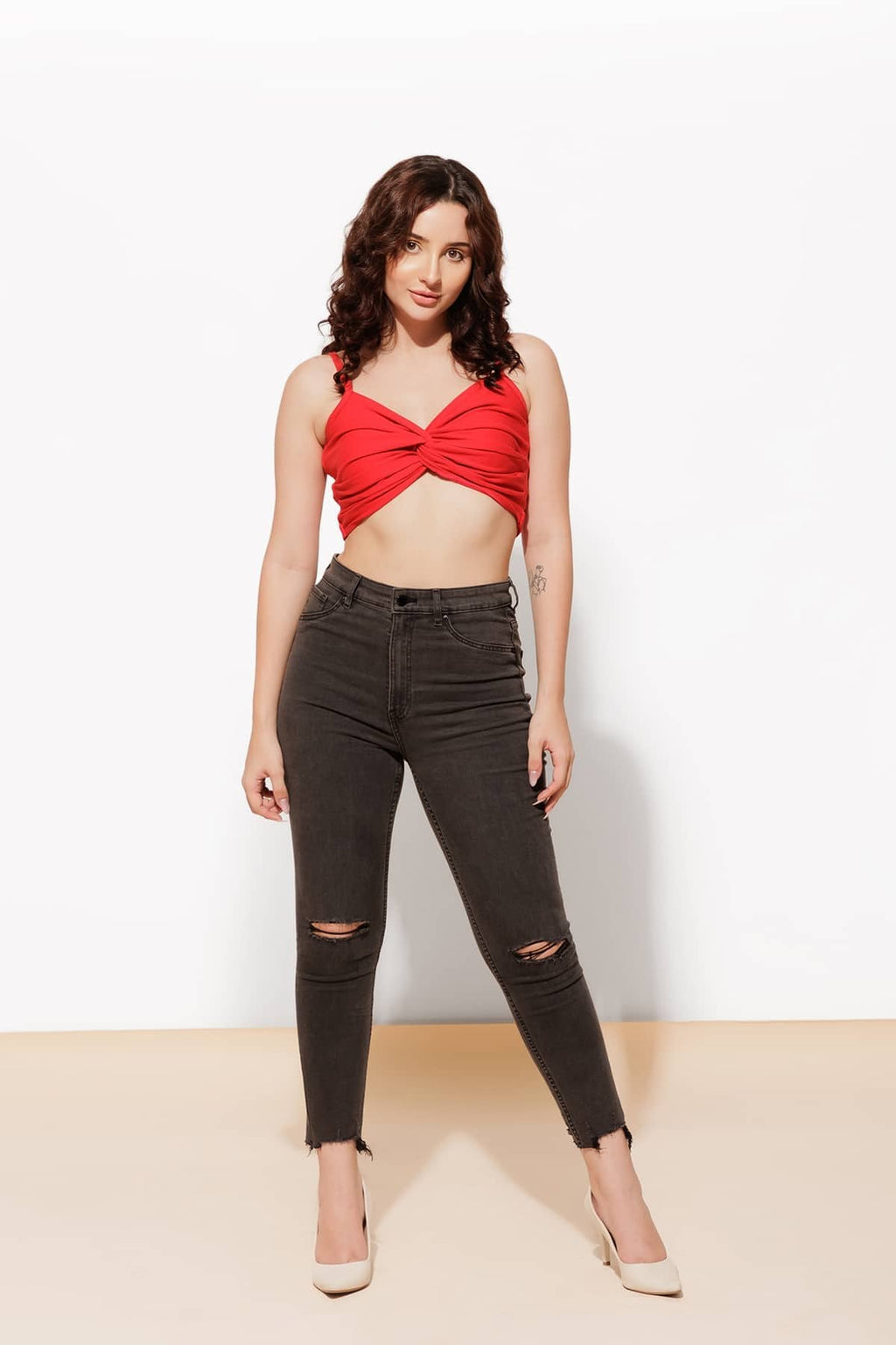 Women’s Red Twist Cotton Crop Top – Modern Fit