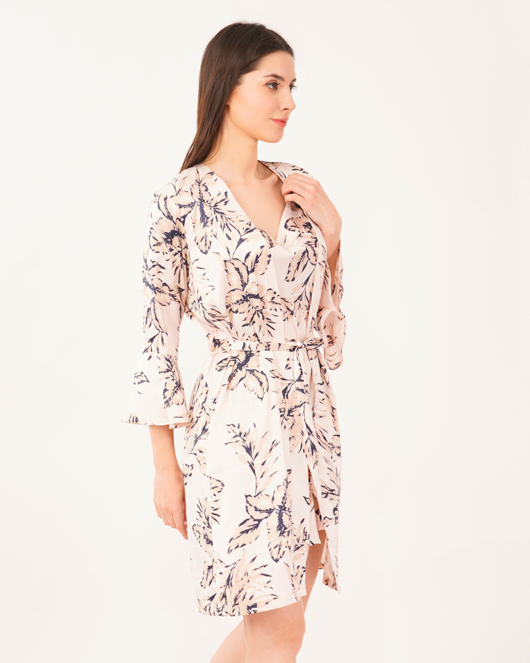 Satin Cowl Neck Drawstring With Robe Midi Dress