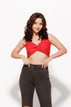 Women’s Red Twist Cotton Crop Top – Modern Fit