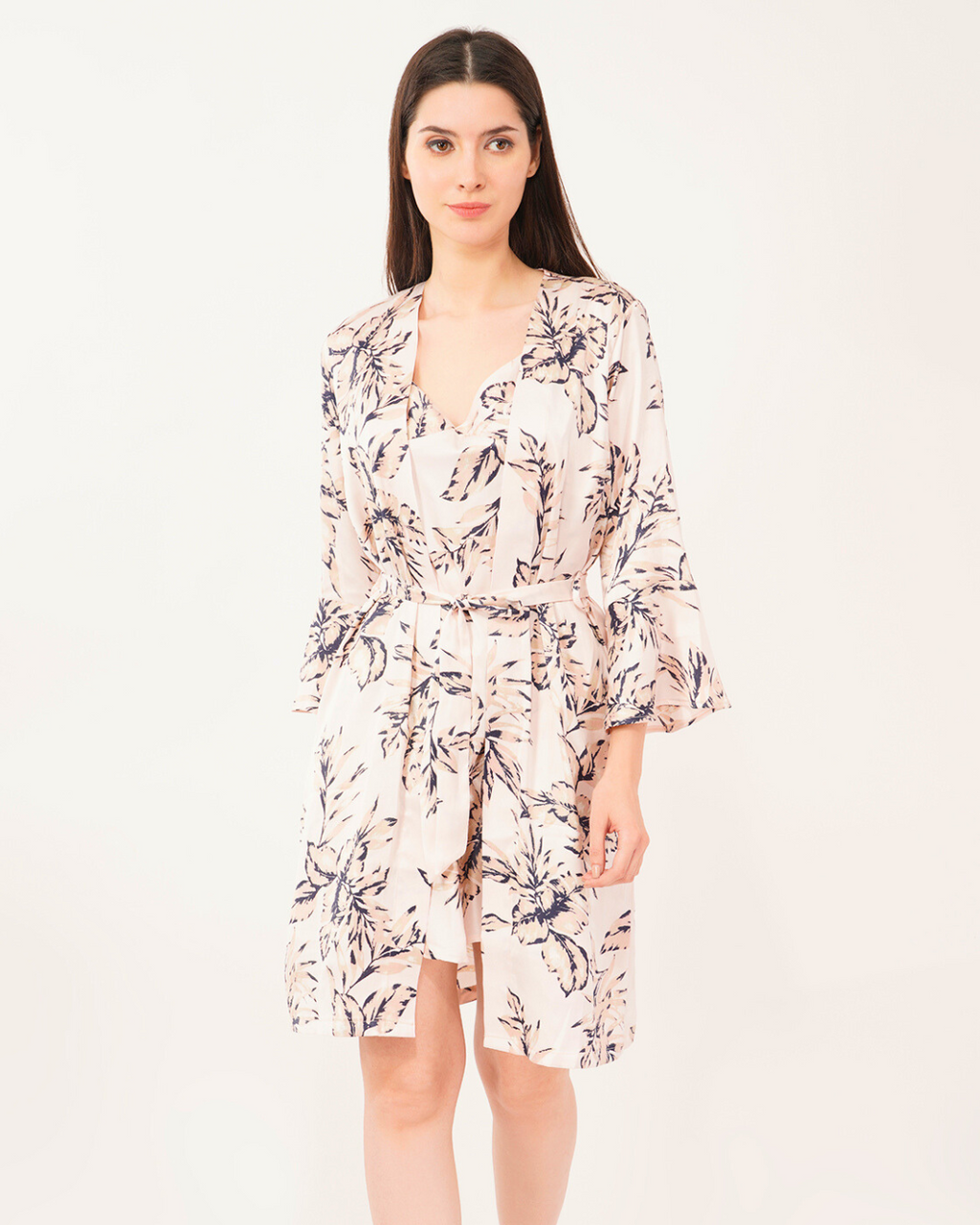 Satin Cowl Neck Drawstring With Robe Midi Dress