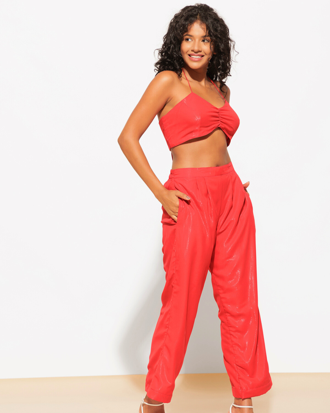 3 Piece Shimmer Co-ord Set – Bralette, Shirt & Pants Combo