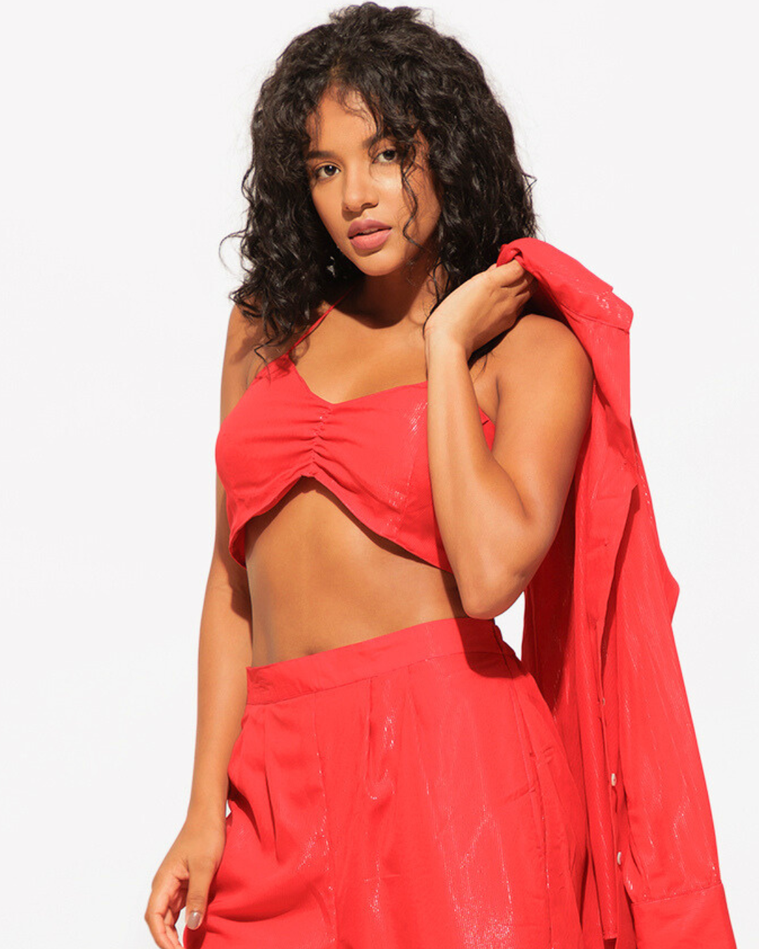 3 Piece Shimmer Co-ord Set – Bralette, Shirt & Pants Combo