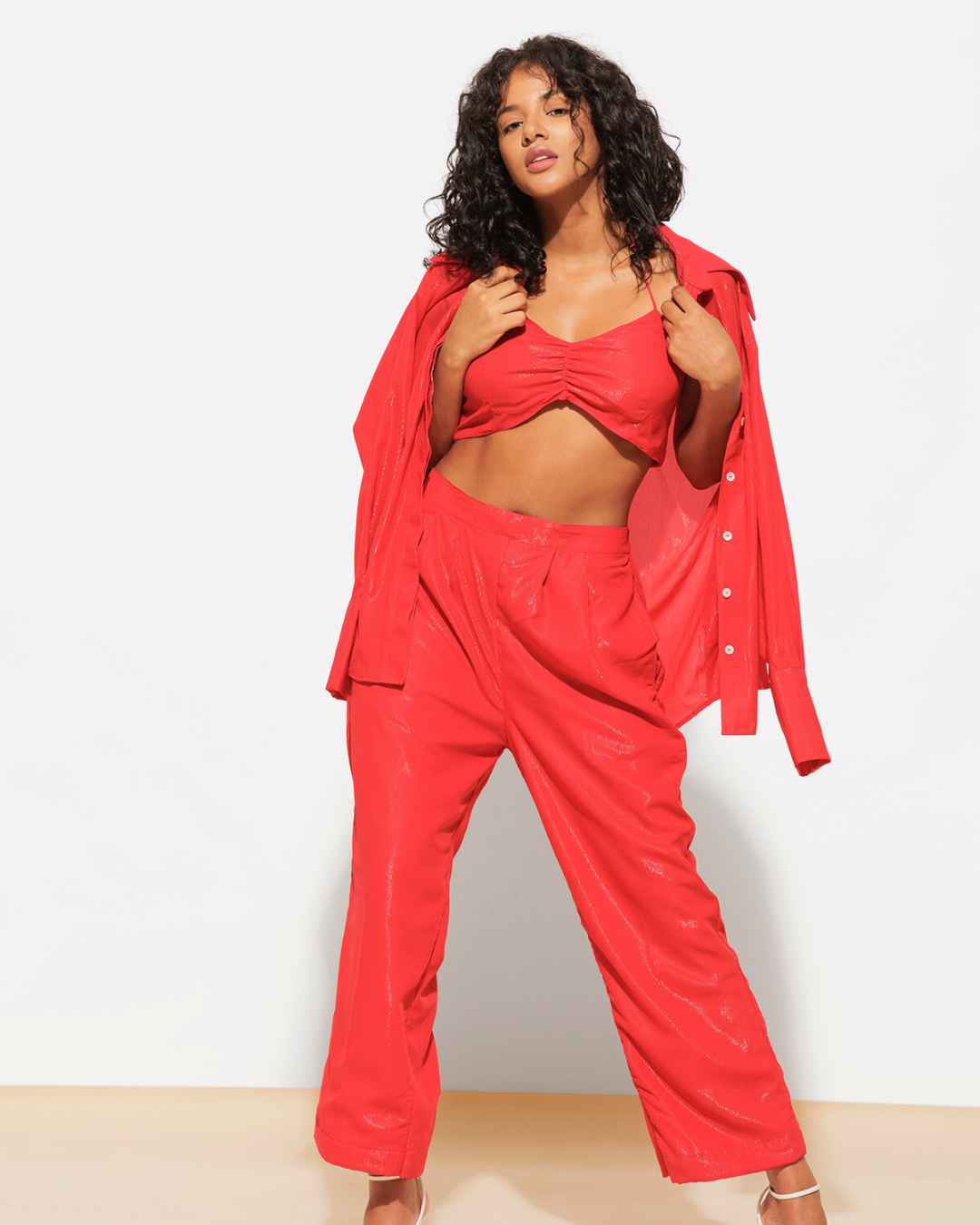 3 Piece Shimmer Co-ord Set – Bralette, Shirt & Pants Combo