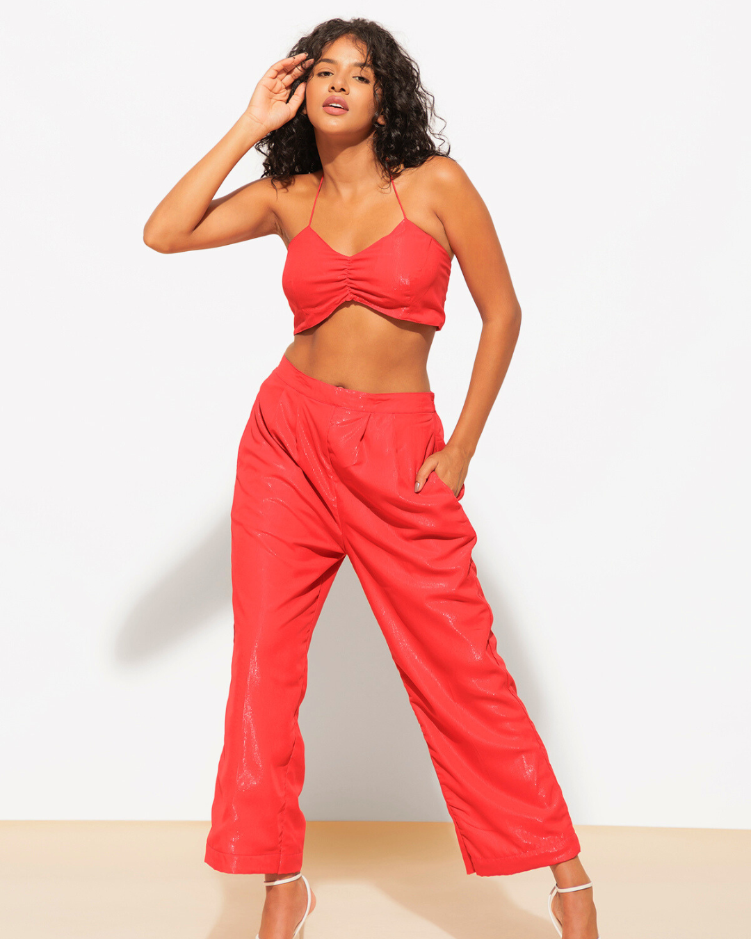 3 Piece Shimmer Co-ord Set – Bralette, Shirt & Pants Combo