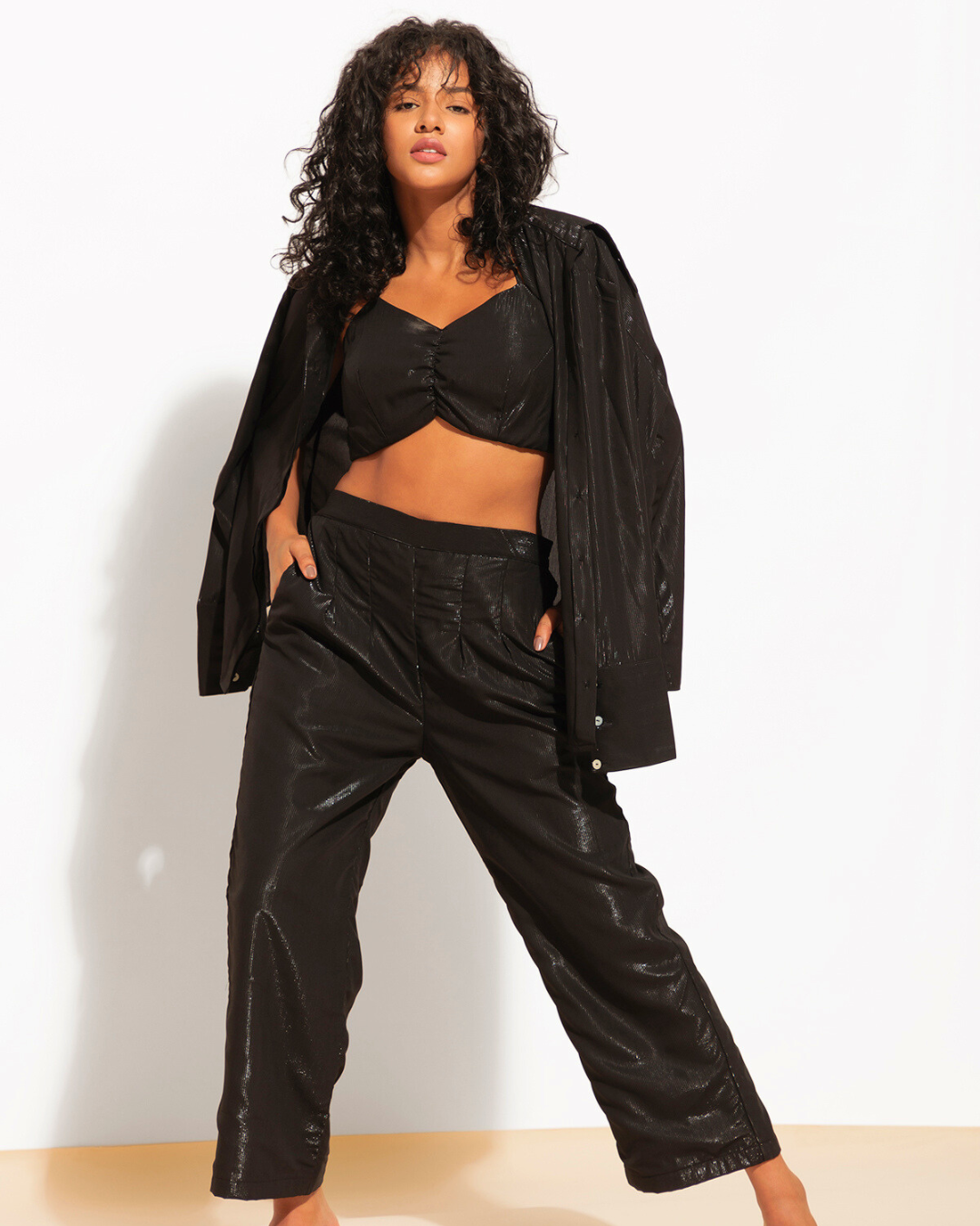 Three Piece Shimmer Co-ord Set – Bralette, Shirt & Pants