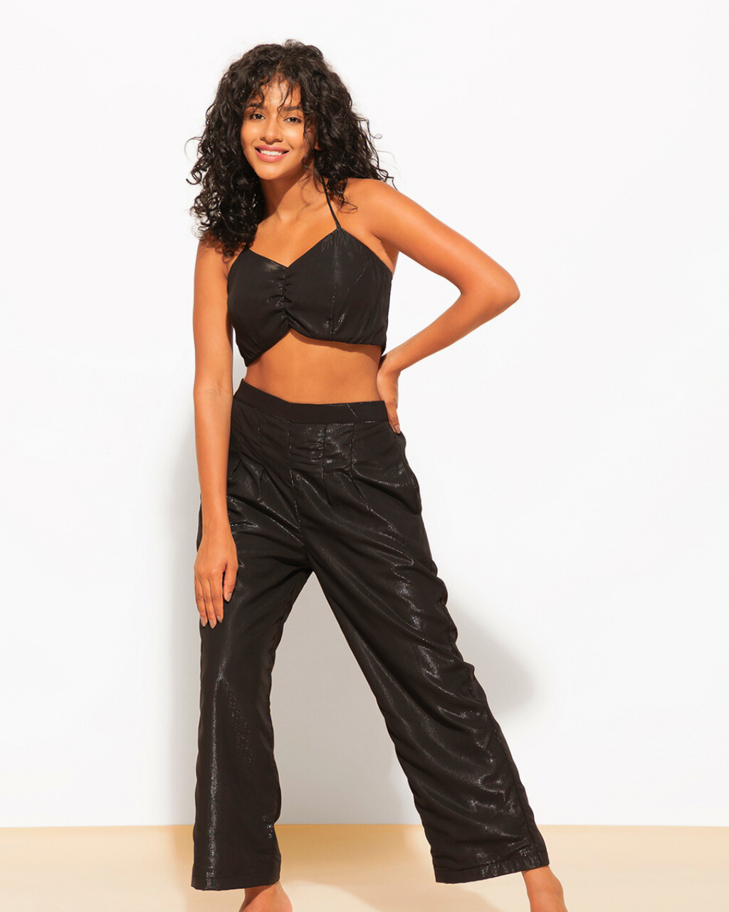 3 Piece Shimmer Co-ord Set – Bralette, Shirt & Pants Combo