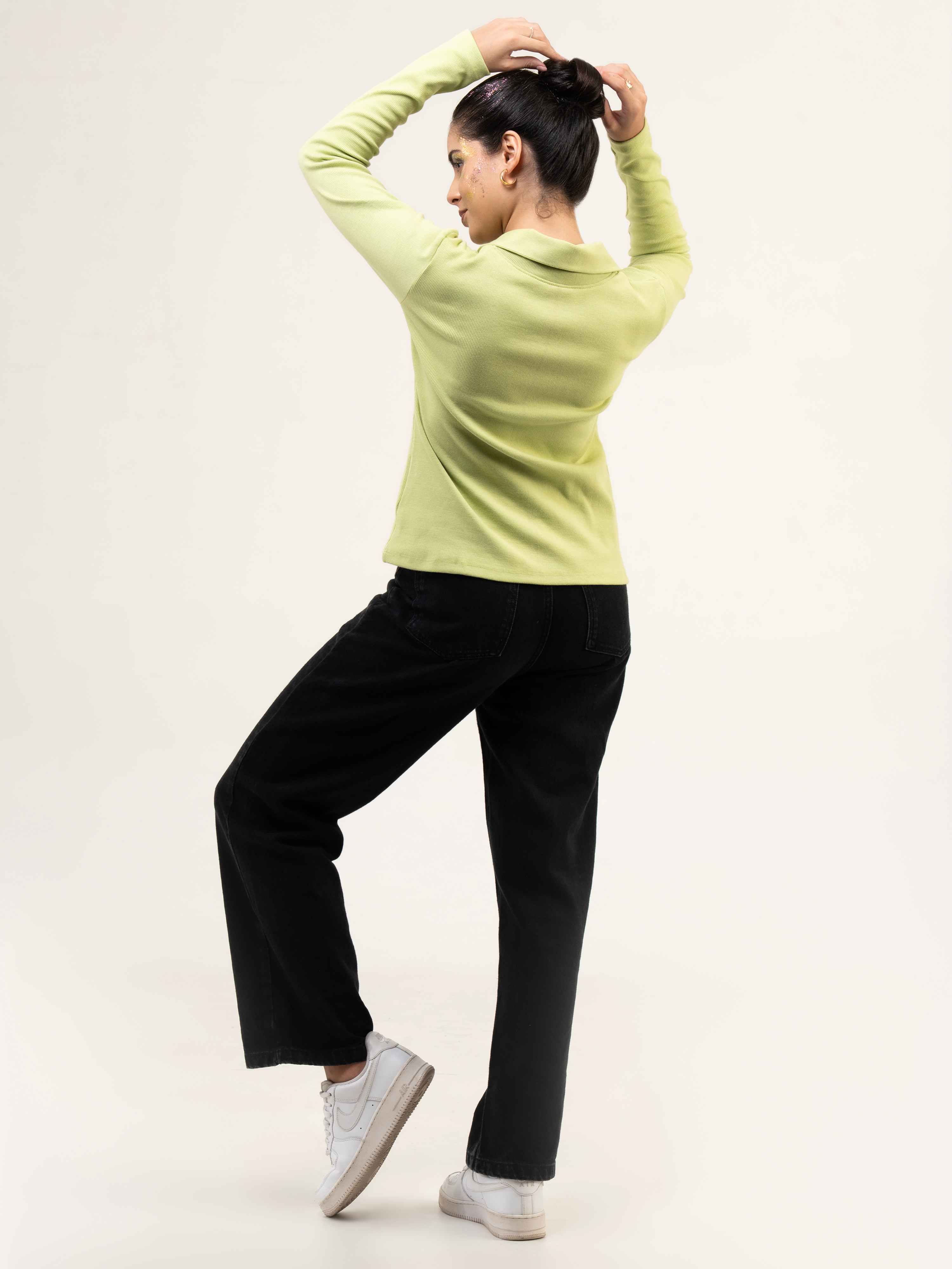 Rib Cotton Full Sleeve Top with Collar