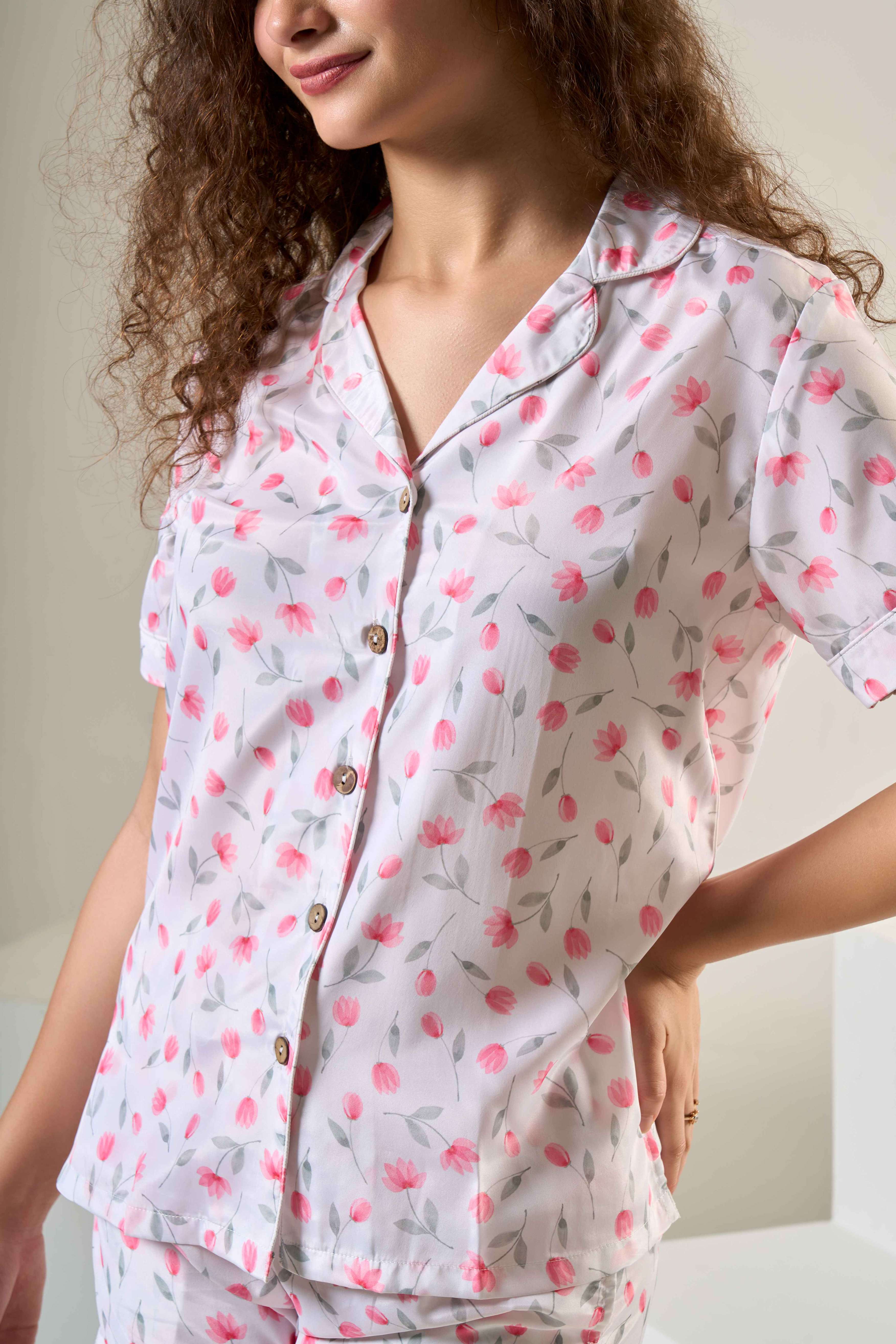 Women Satin Floral Printed Night Suit