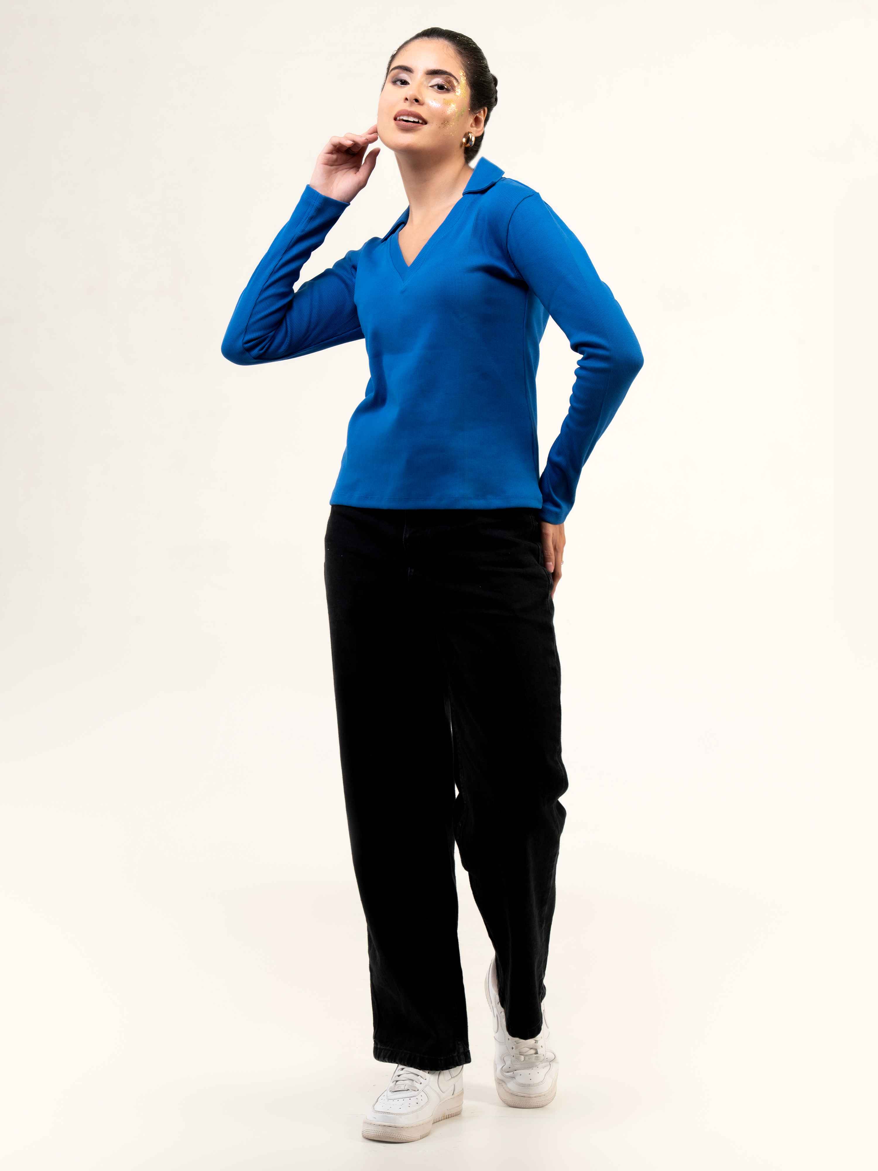 Rib Cotton Full Sleeve Top with Collar