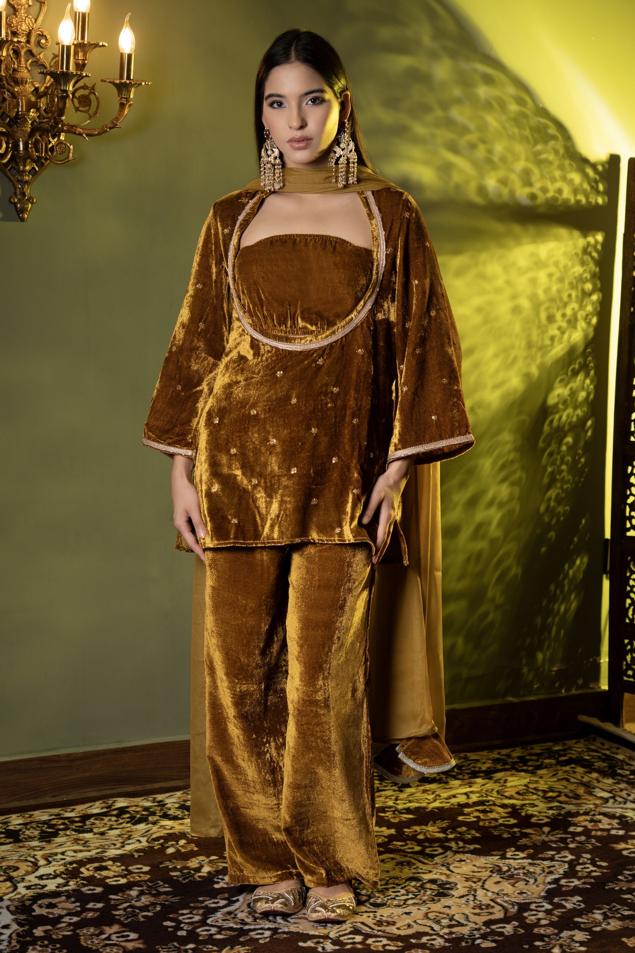 Luxury Velvet Kurta and Trouser Ensemble with Dupatta