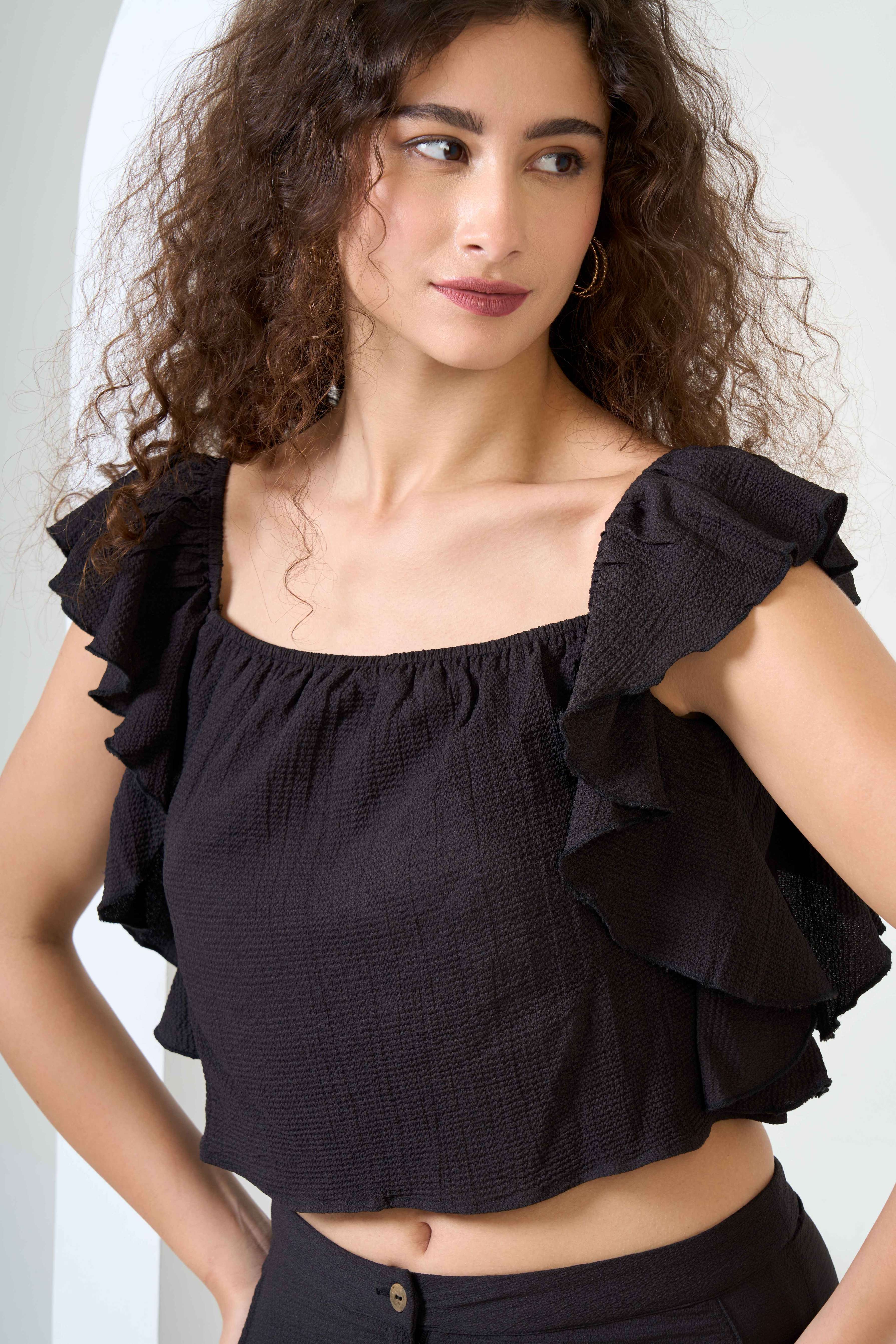 Frill Crop Top with Flared Trousers Co-Ord Sets