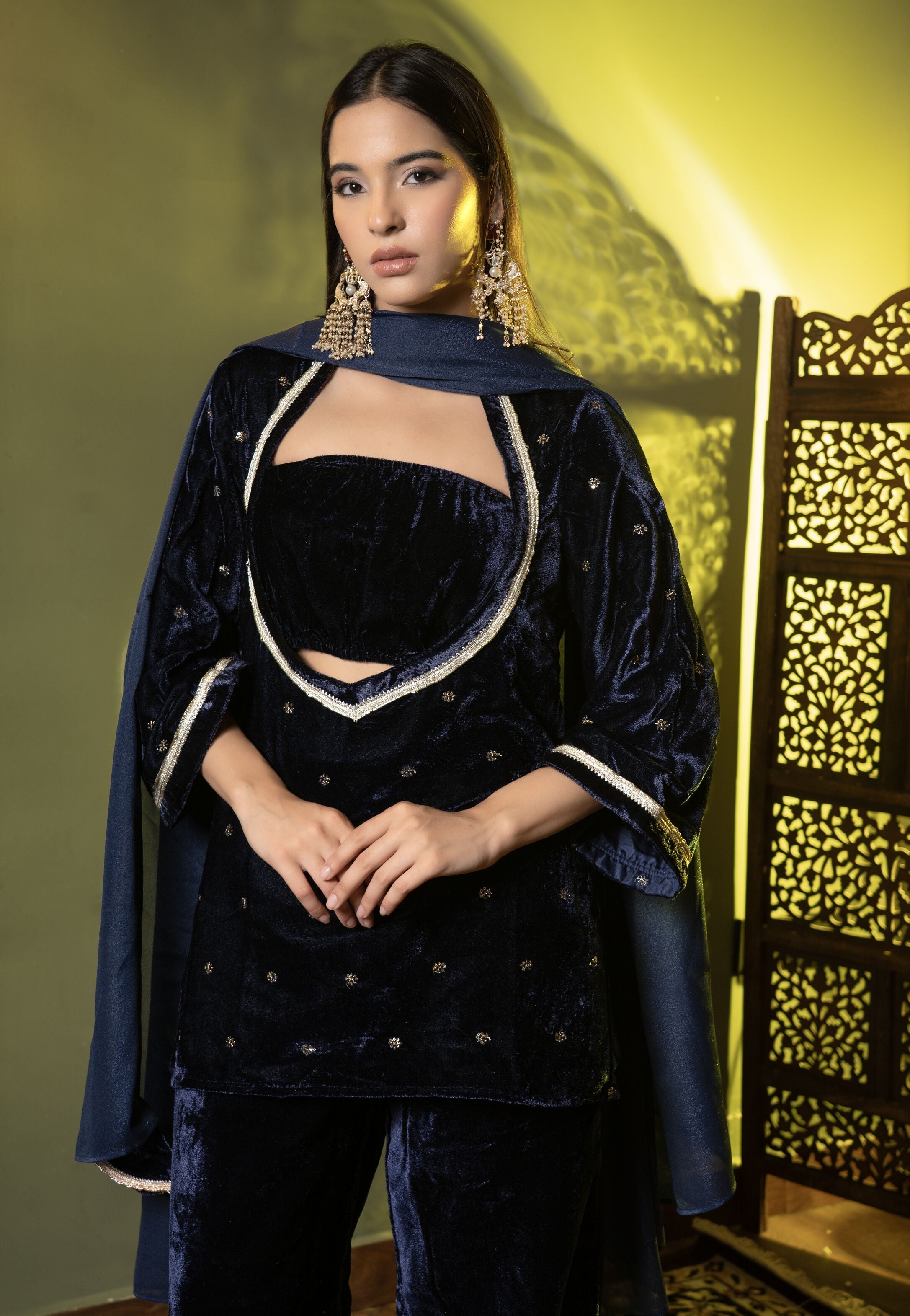 Luxury Velvet Kurta and Trouser Ensemble with Dupatta