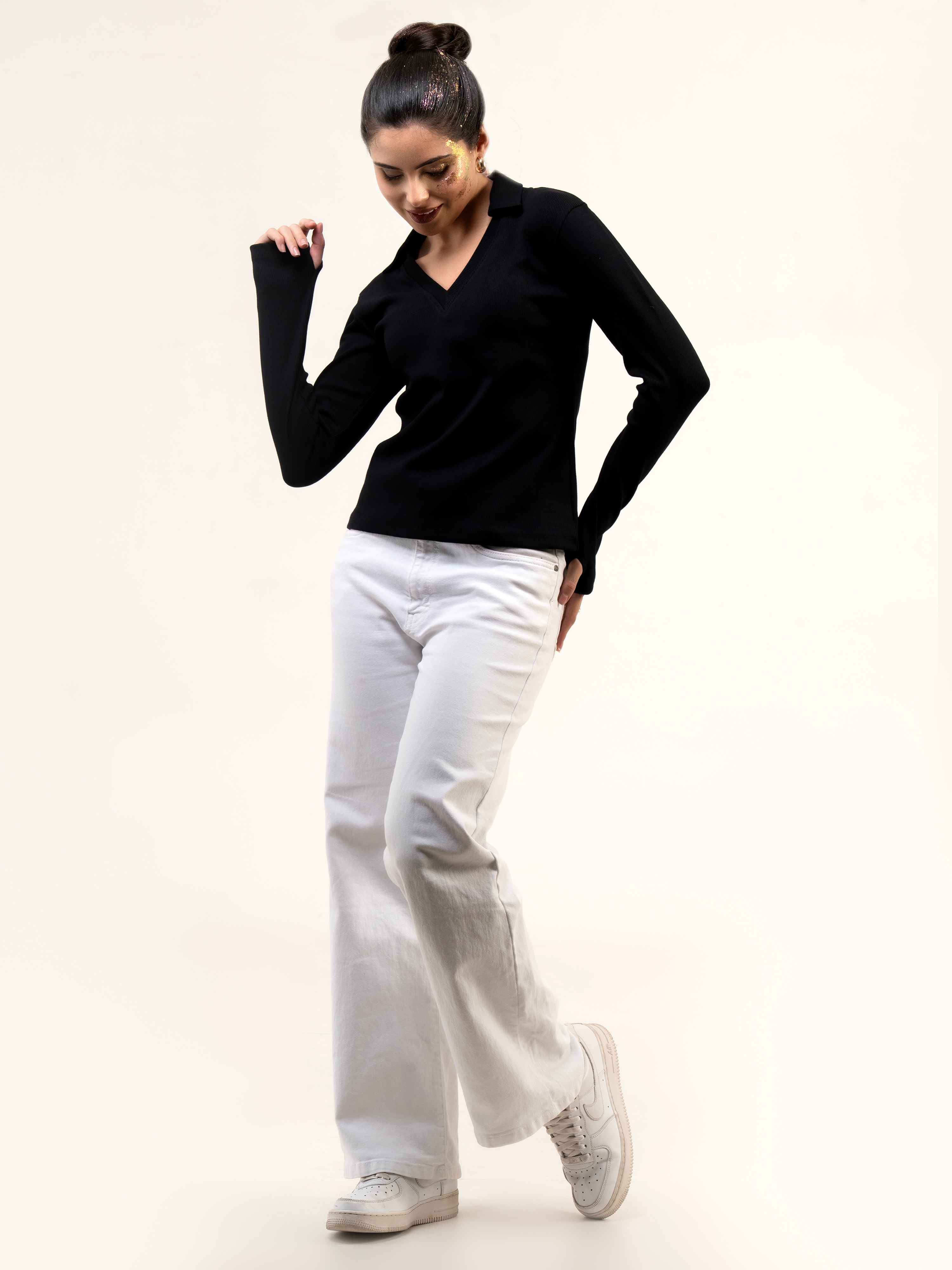 Rib Cotton Full Sleeve Top with Collar
