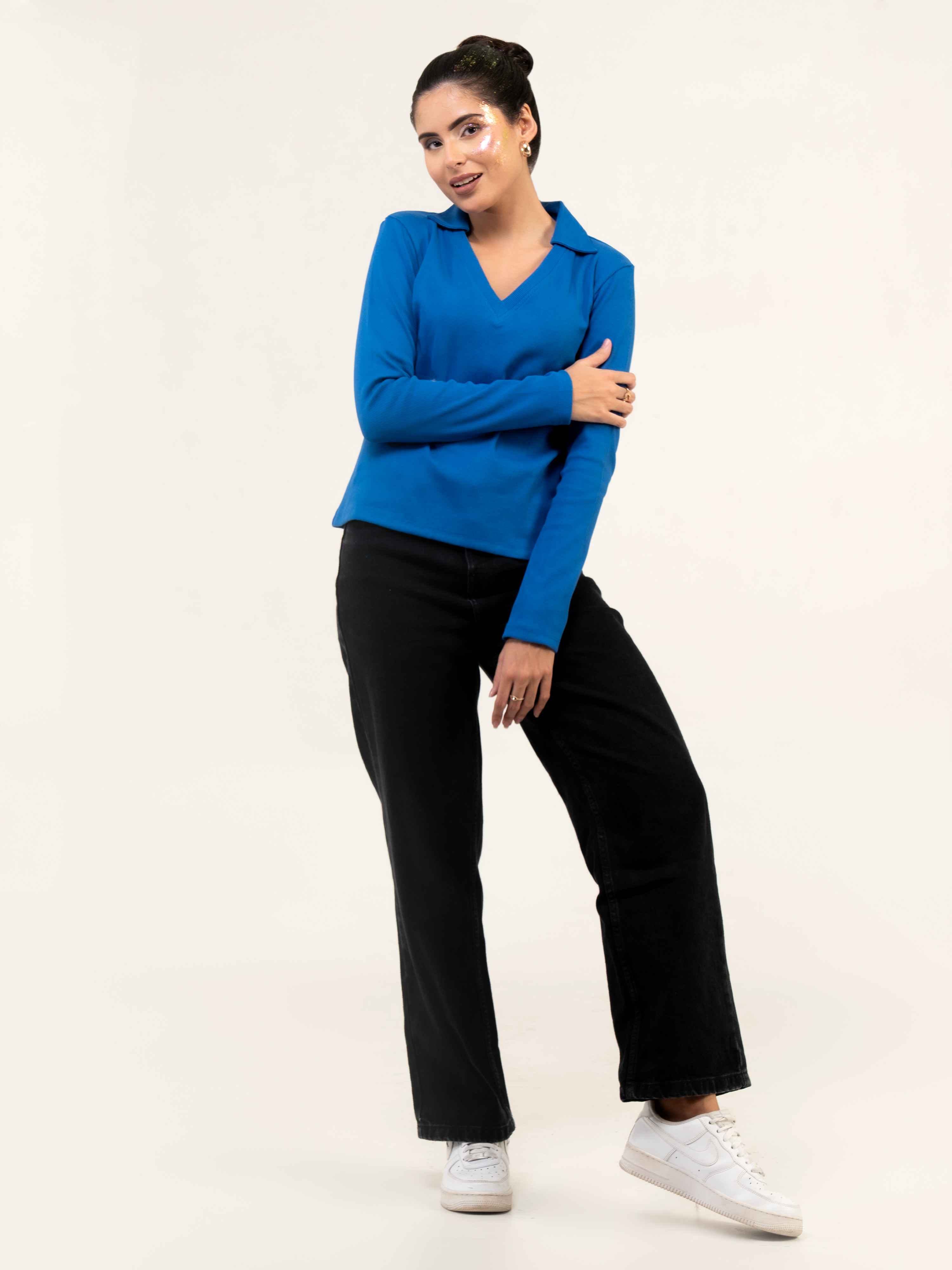 Rib Cotton Full Sleeve Top with Collar