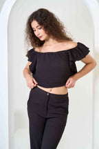 Frill Crop Top with Flared Trousers Co-Ord Sets