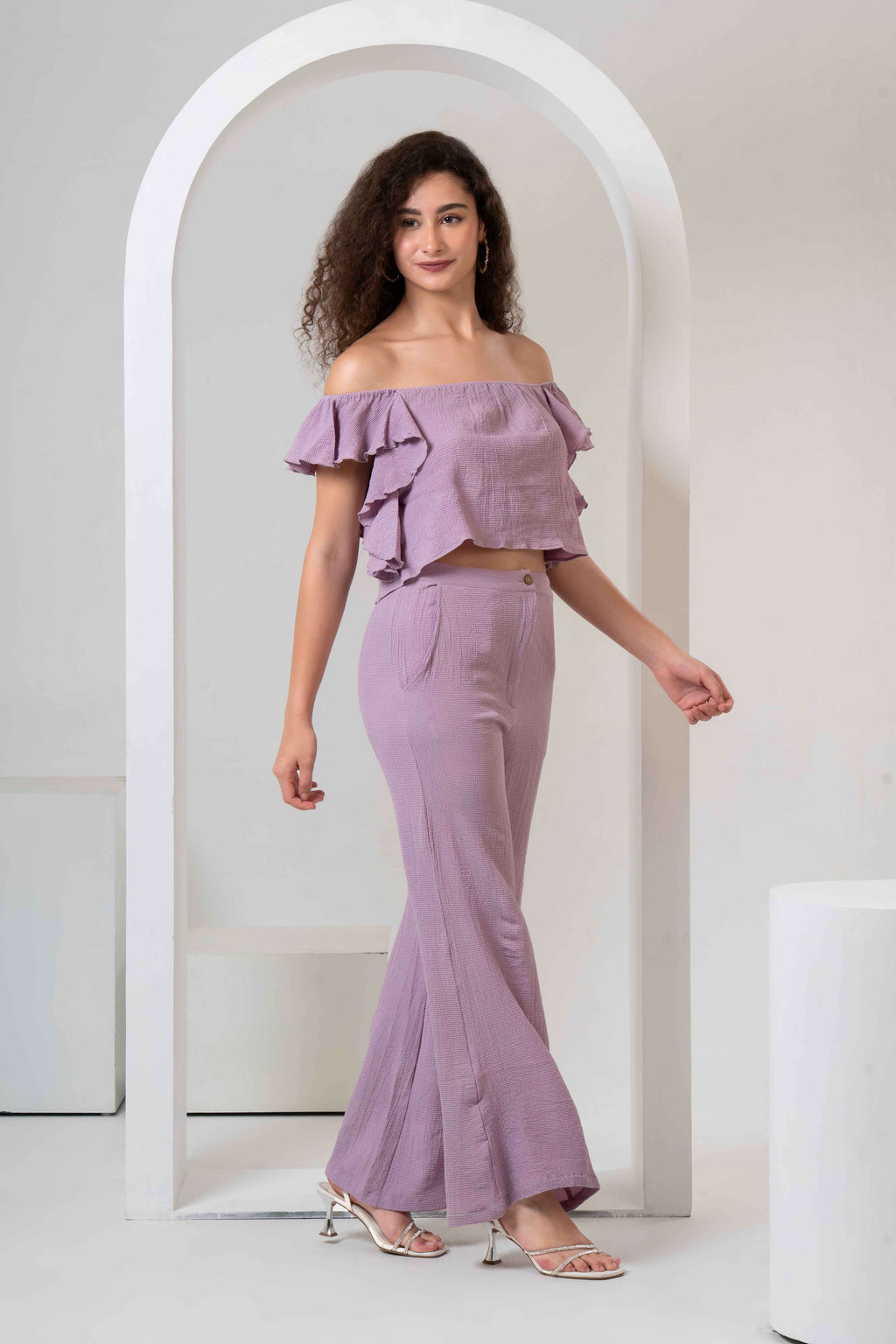 Frill Crop Top with Flared Trousers Co-Ord Sets