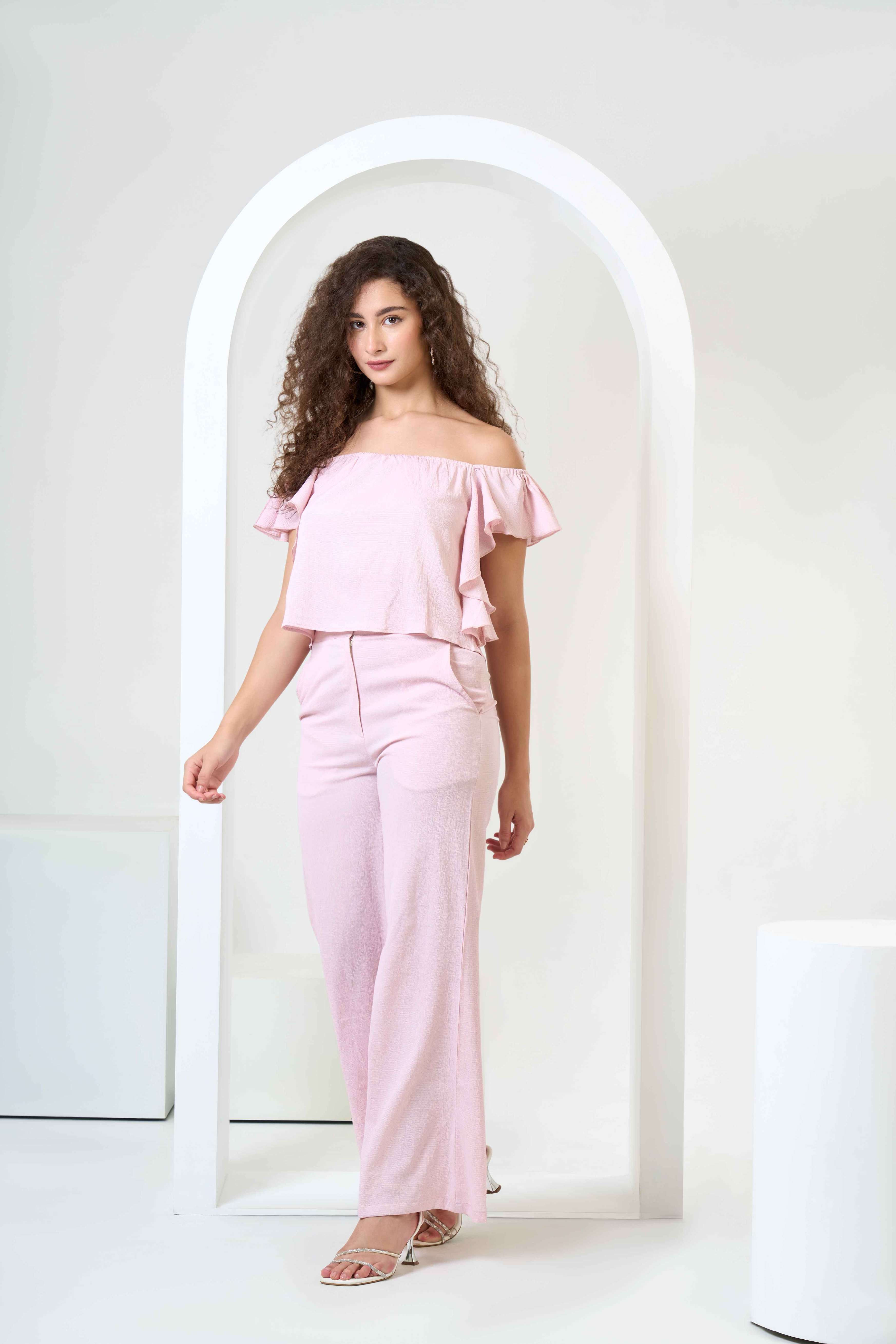Frill Crop Top with Flared Trousers Co-Ord Sets