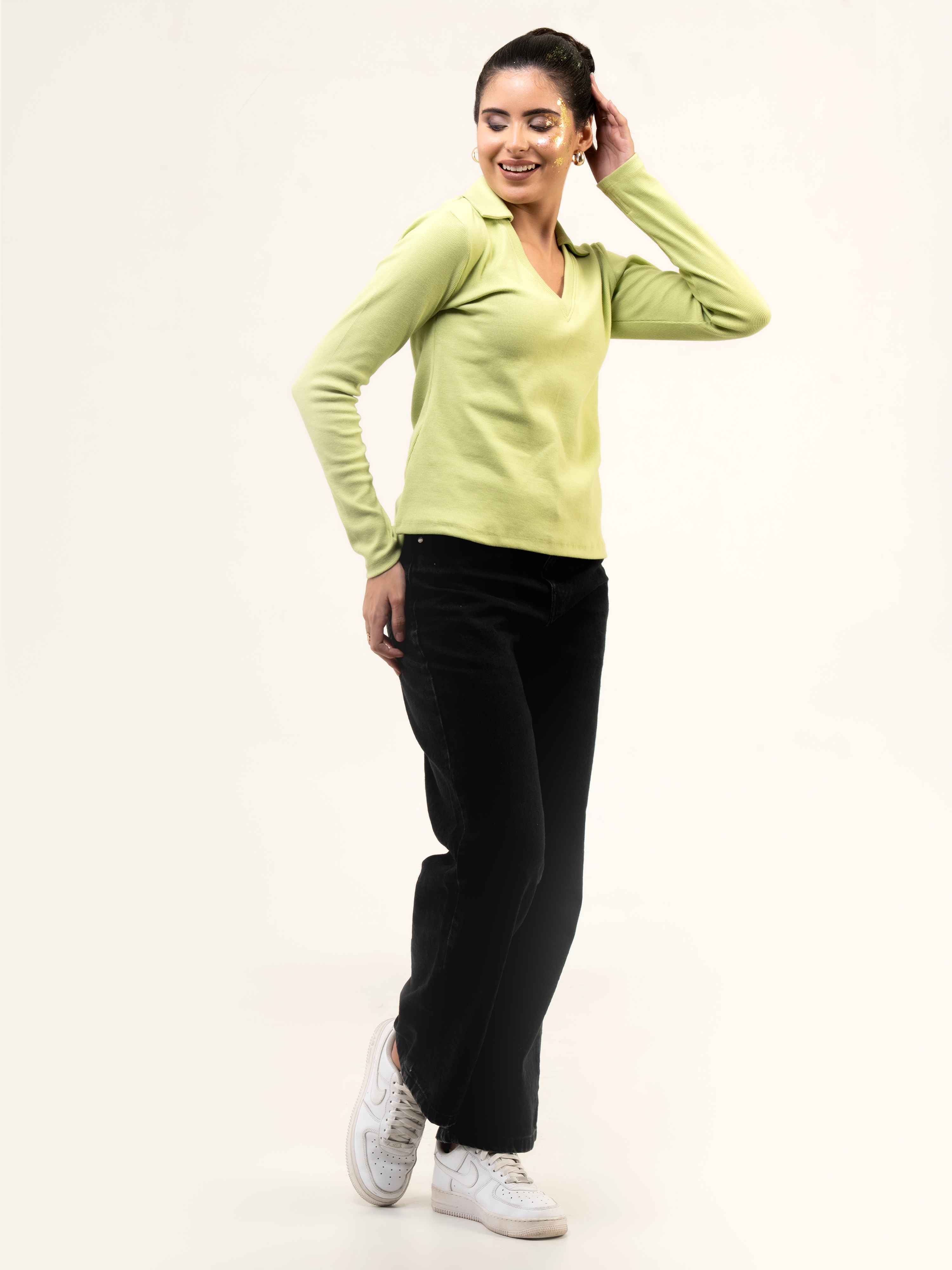 Rib Cotton Full Sleeve Top with Collar