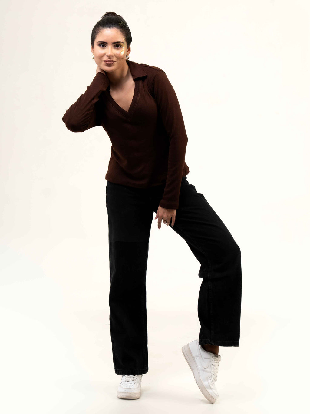 Rib Cotton Full Sleeve Top with Collar