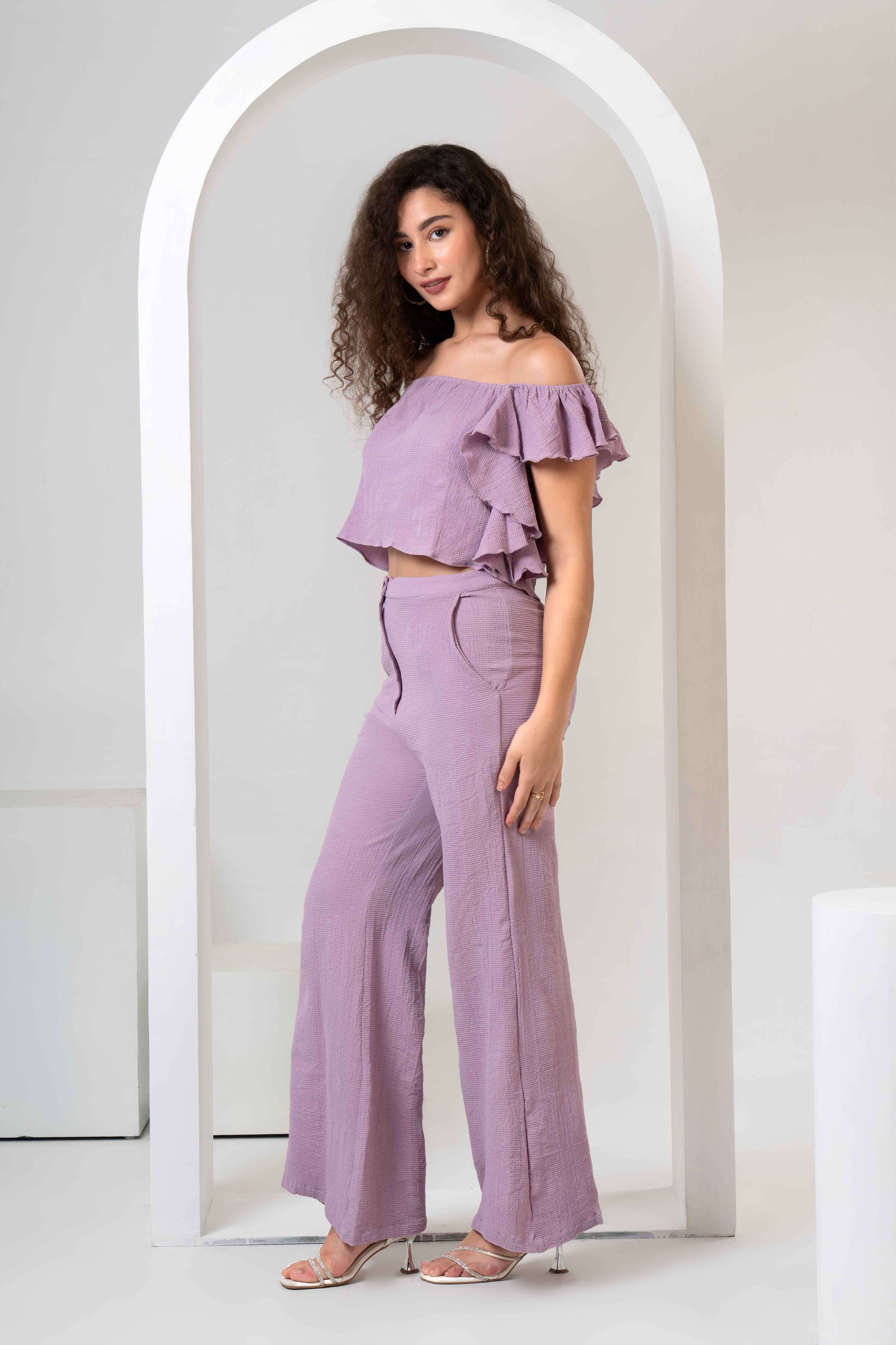 Frill Crop Top with Flared Trousers Co-Ord Sets